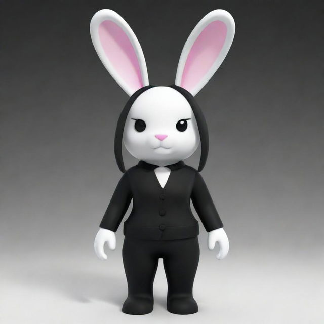 A small female Roblox character, designed as a bunny with white head and arms, a black torso and legs. The character sports a black collar and has long, white ears.