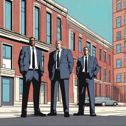 A scene on the street featuring three characters: a lawyer, a man holding a gun, and a policeman