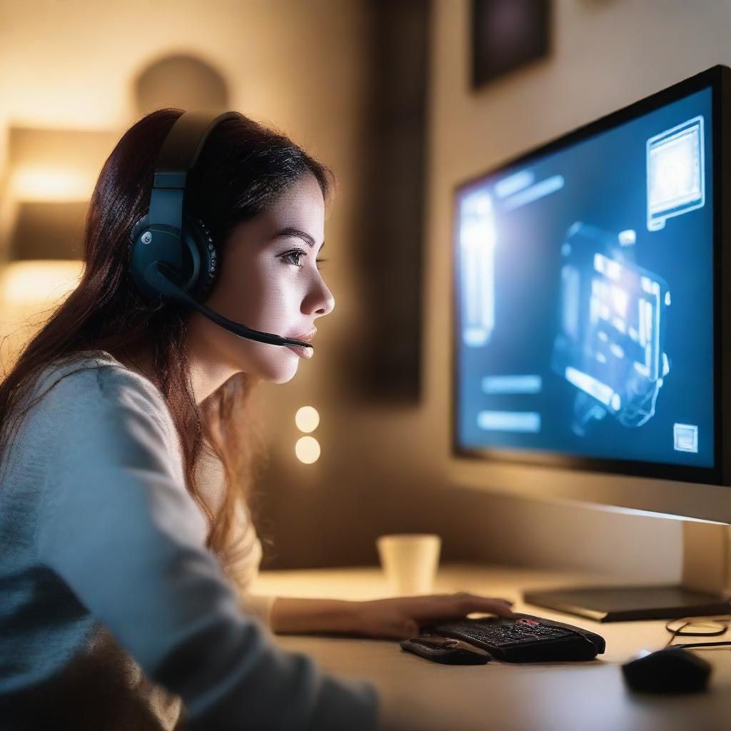 A 30-year-old girl is playing a video game on her PC