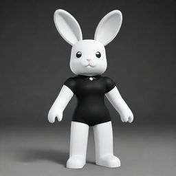 A small-sized female Roblox character shaped like a bunny with a white head and arms, paired with a black torso and legs. She's enhanced with a black collar, and endearing white ears.