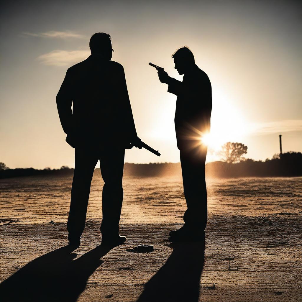 A dramatic scene at sunset featuring a lawyer and a man with a gun standing back to back, not looking at each other