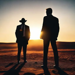 A dramatic scene at sunset featuring a lawyer and a man with a gun standing back to back, not looking at each other