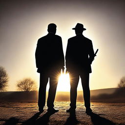 A dramatic scene at sunset featuring a lawyer and a man with a gun standing back to back, not looking at each other