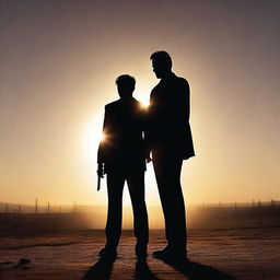 A dramatic scene at sunset featuring a lawyer and a man with a gun standing back to back, not looking at each other