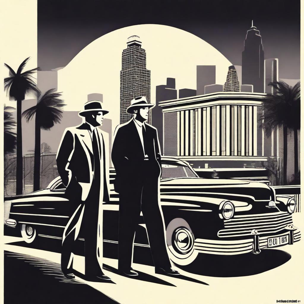 A high-quality illustration of the movie 'LA Confidential' featuring the main characters in a noir-style setting, with a dark and moody atmosphere, classic 1950s attire, and iconic Los Angeles landmarks in the background