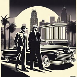 A high-quality illustration of the movie 'LA Confidential' featuring the main characters in a noir-style setting, with a dark and moody atmosphere, classic 1950s attire, and iconic Los Angeles landmarks in the background