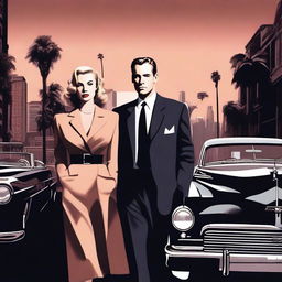 A high-quality illustration of the movie 'LA Confidential' featuring the main characters in a noir-style setting, with a dark and moody atmosphere, classic 1950s attire, and iconic Los Angeles landmarks in the background