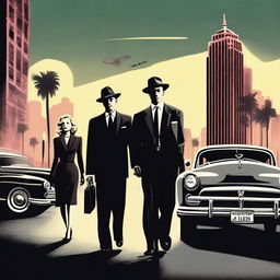 A high-quality illustration of the movie 'LA Confidential' featuring the main characters in a noir-style setting, with a dark and moody atmosphere, classic 1950s attire, and iconic Los Angeles landmarks in the background