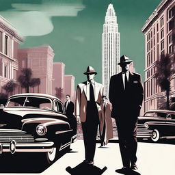 A high-quality illustration of the movie 'LA Confidential' featuring the main characters in a noir-style setting, with a dark and moody atmosphere, classic 1950s attire, and iconic Los Angeles landmarks in the background