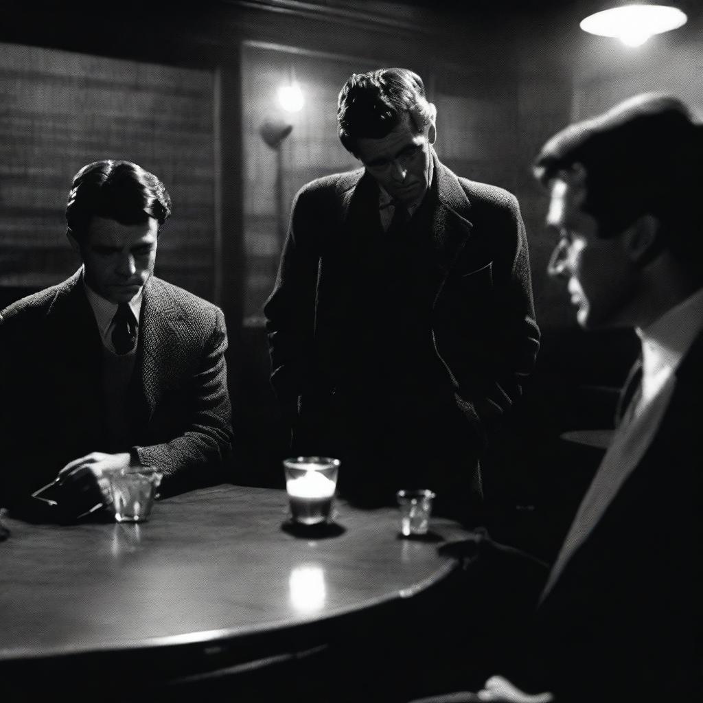 A gritty, film noir-inspired scene featuring characters from the novel 'The Friends of Eddie Coyle