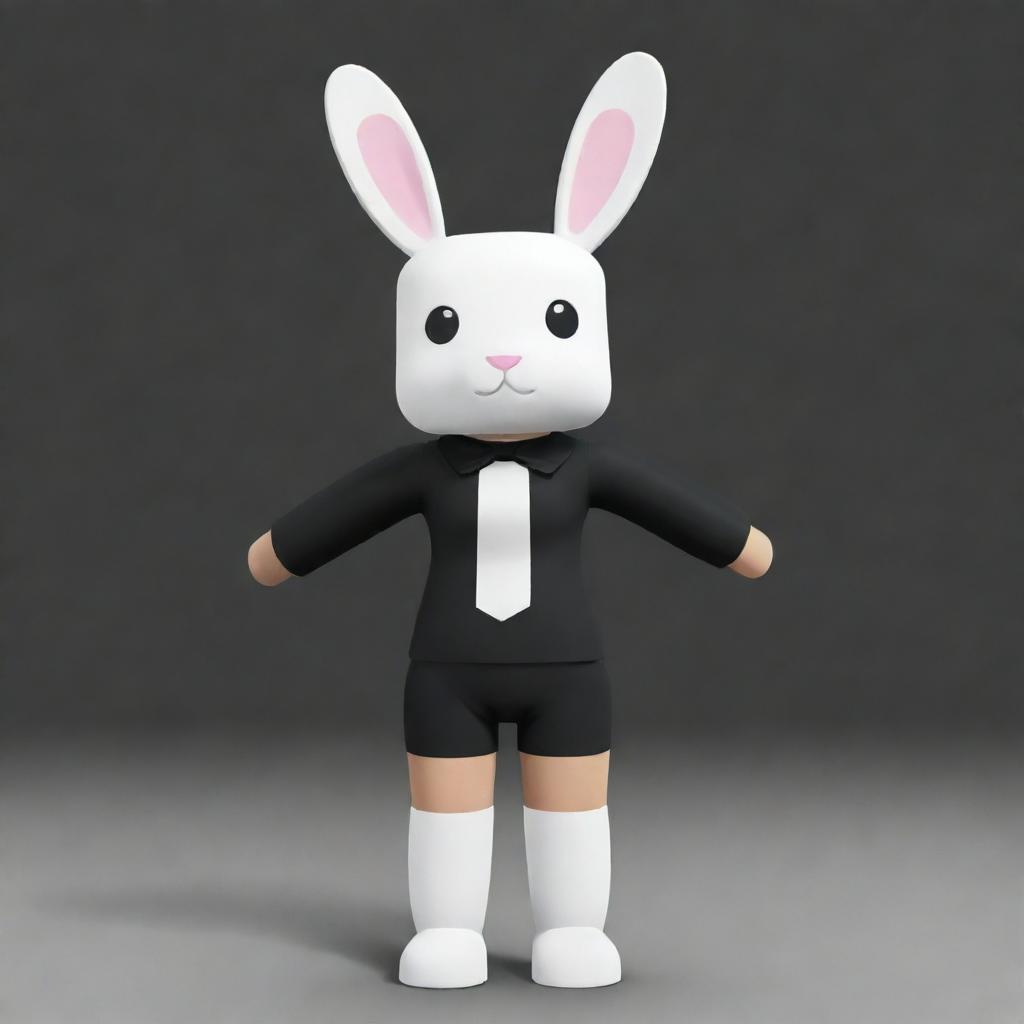 A small-sized female Roblox character shaped like a bunny with a white head and arms, paired with a black torso and legs. She's enhanced with a black collar, and endearing white ears.