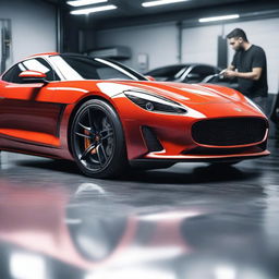 A photorealistic sports car undergoing detailing with a focus on the polishing of the body