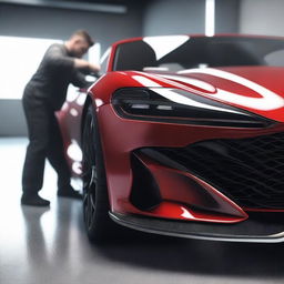 A photorealistic sports car undergoing detailing with a focus on the polishing of the body