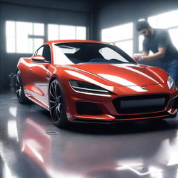 A photorealistic sports car undergoing detailing with a focus on the polishing of the body