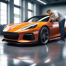 A photorealistic sports car undergoing detailing with a focus on the polishing of the body