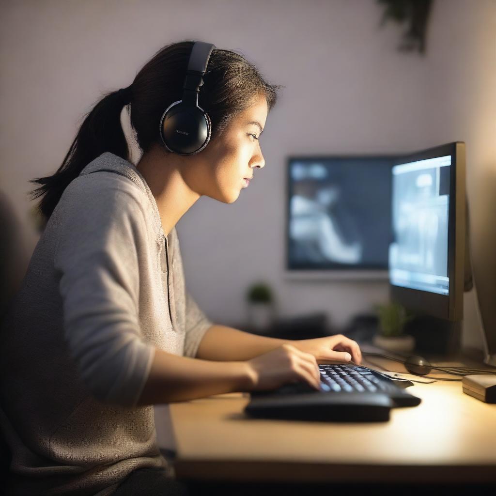 A 30-year-old woman is playing a video game on her PC