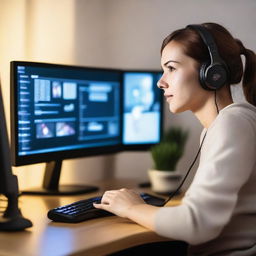 A 30-year-old woman is playing a video game on her PC