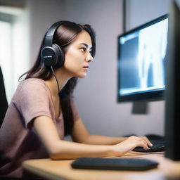 A 30-year-old woman is playing a video game on her PC