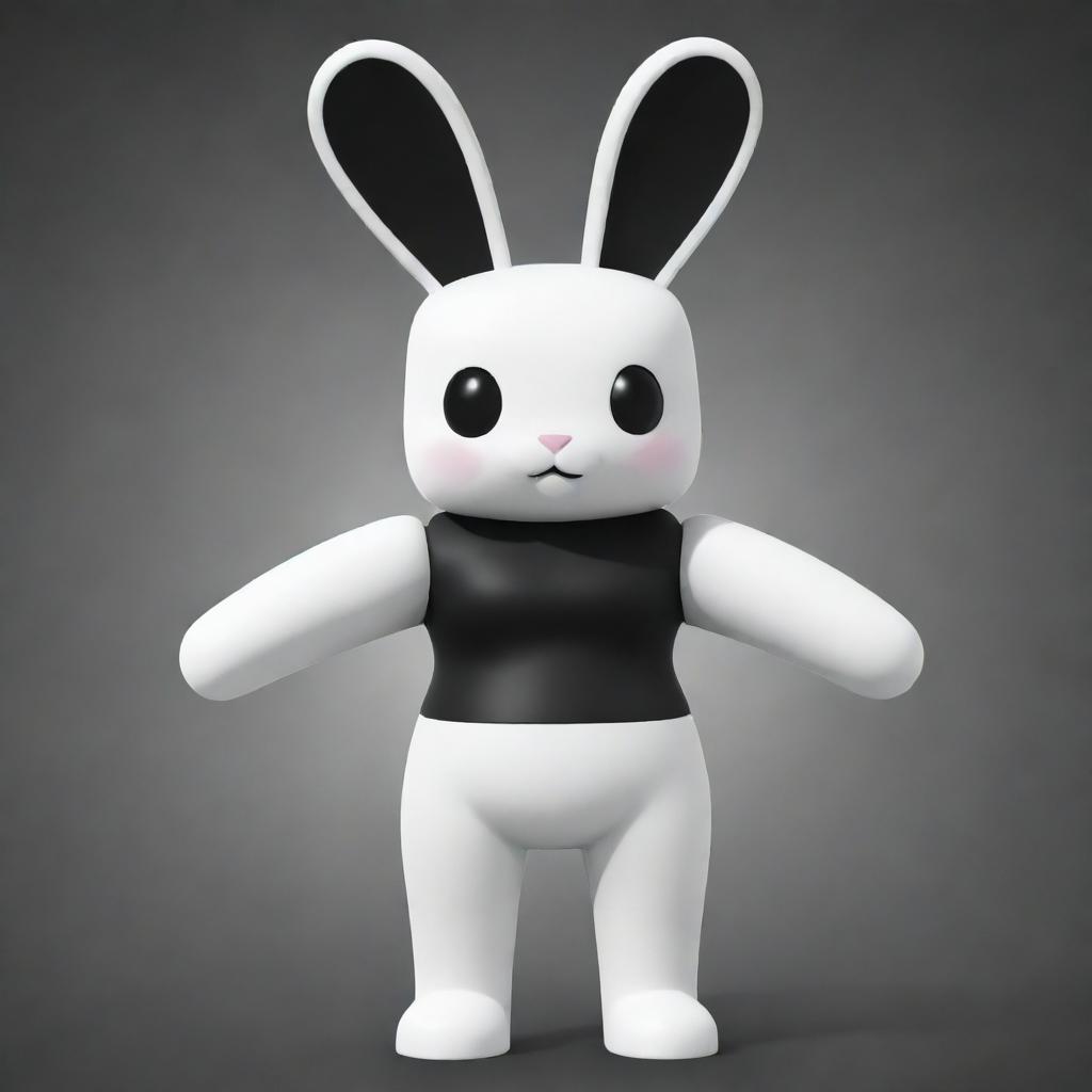 A small-sized female Roblox character shaped like a bunny with a white head and arms, paired with a black torso and legs. She's enhanced with a black collar, and endearing white ears.