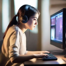 A 30-year-old girl is playing a video game on her PC