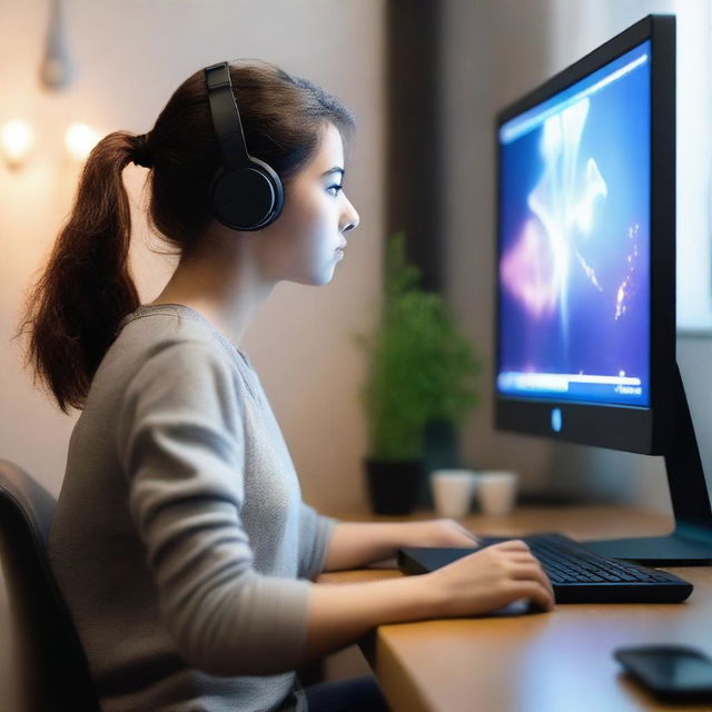 A 30-year-old girl is playing a video game on her PC