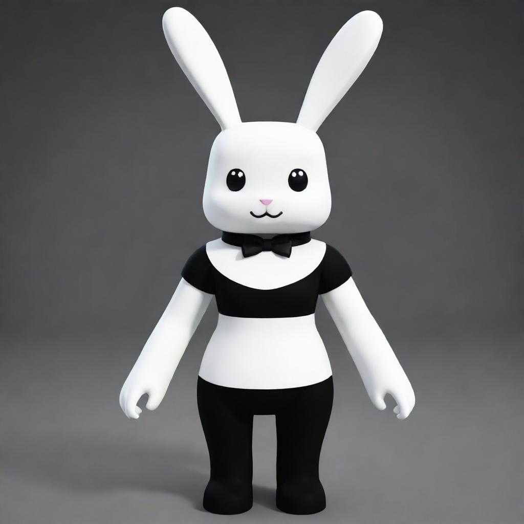 A small female Roblox character designed as a bunny with white arms and head, a black torso and legs. The character features a black collar and has tall, white ears.