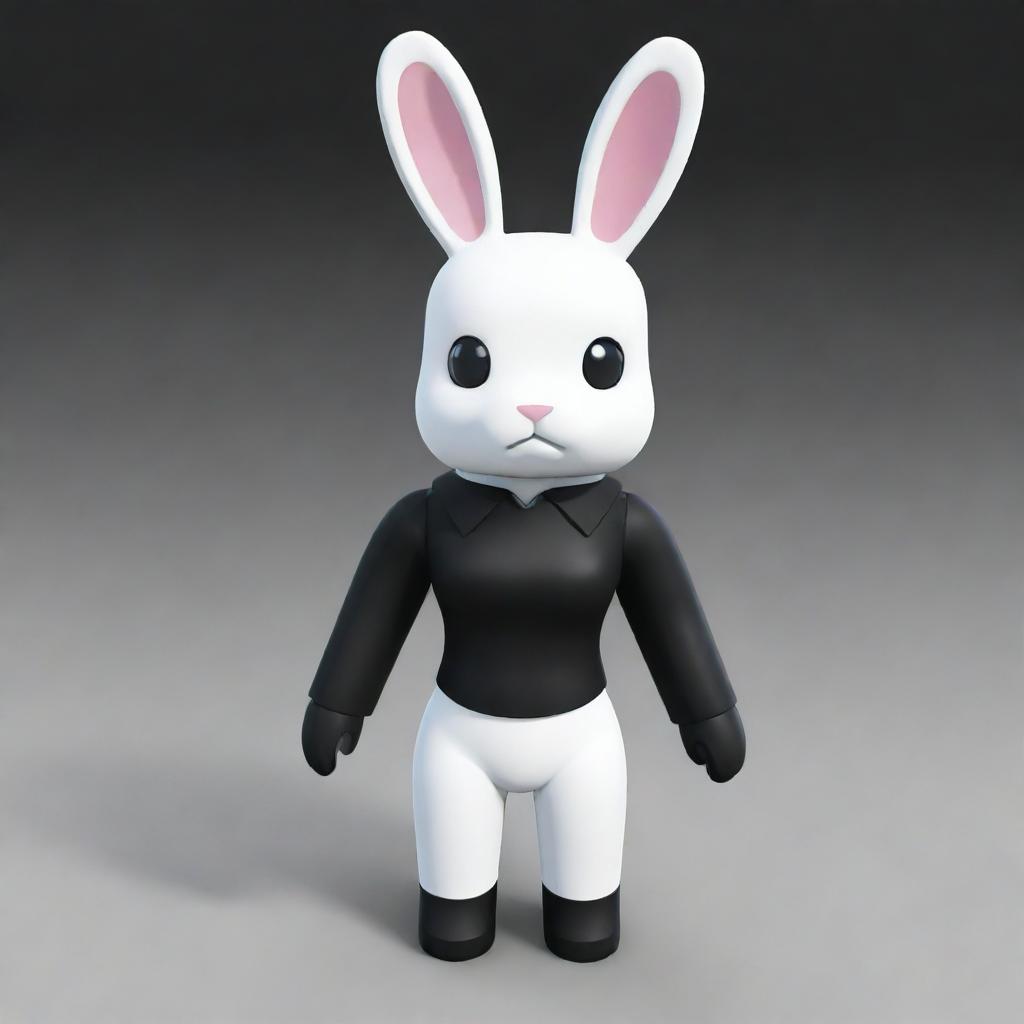 A small female Roblox character designed as a bunny with white arms and head, a black torso and legs. The character features a black collar and has tall, white ears.