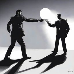 A dramatic scene in the moonlight where a lawyer holds a gun pointed at a man, who also has a gun pointed at the lawyer