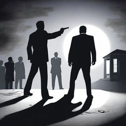 A dramatic scene in the moonlight where a lawyer holds a gun pointed at a man, who also has a gun pointed at the lawyer