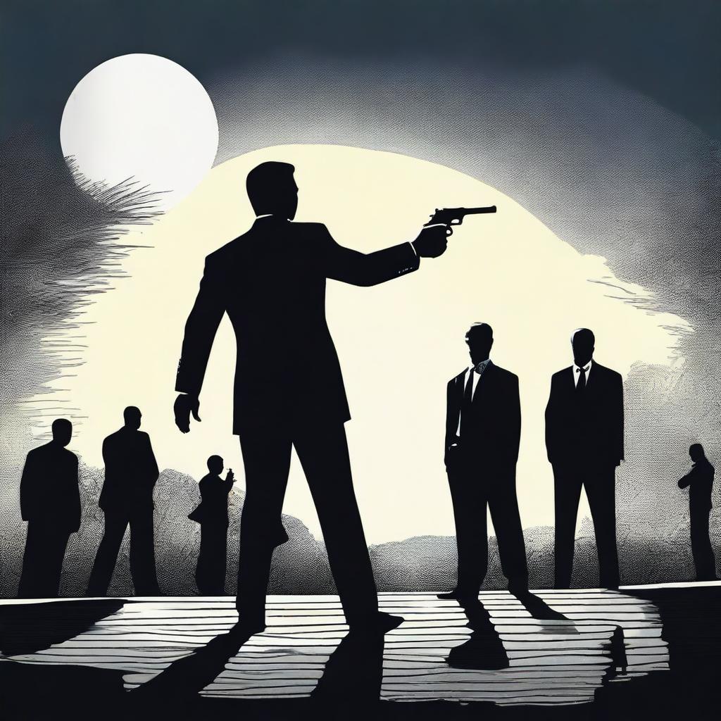 A dramatic scene in the moonlight where a lawyer holds a gun pointed at a man, who also has a gun pointed at the lawyer