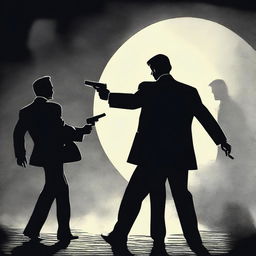 A dramatic scene in the moonlight where a lawyer holds a gun pointed at a man, who also has a gun pointed at the lawyer