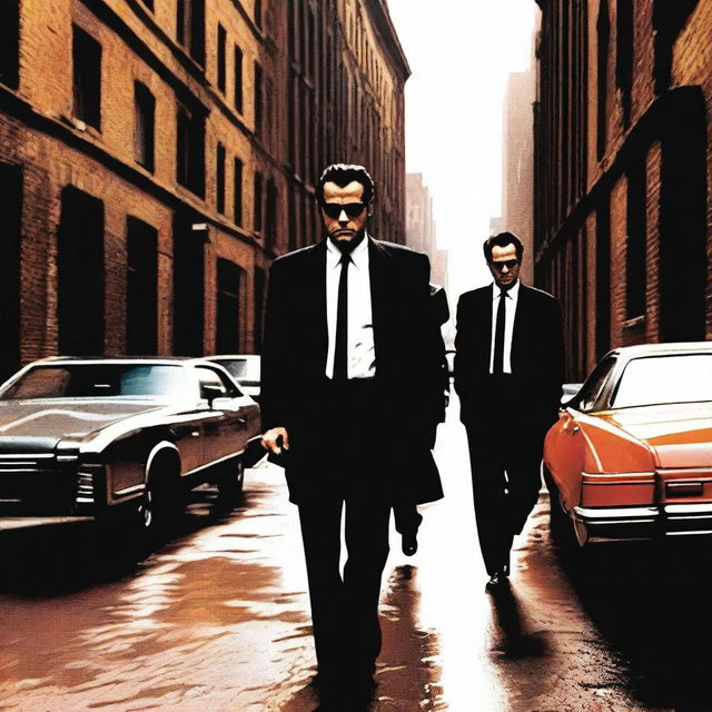 A cinematic scene that combines elements from both 'Goodfellas' and 'Reservoir Dogs', featuring iconic characters in a dramatic, intense setting