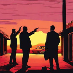 A dramatic shootout scene inspired by the movie Goodfellas, set against a beautiful sunset