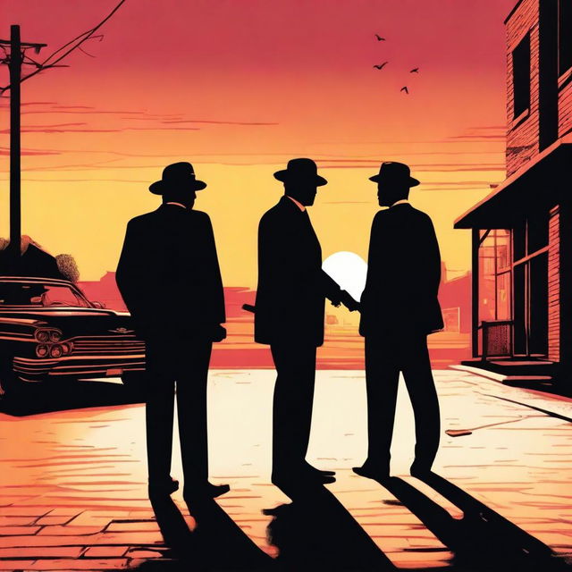 A dramatic shootout scene inspired by the movie Goodfellas, set against a beautiful sunset