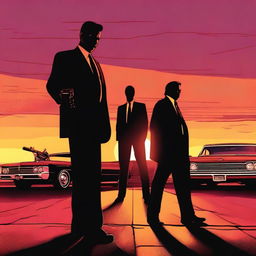 A dramatic shootout scene inspired by the movie Goodfellas, set against a beautiful sunset