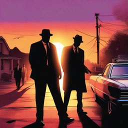 A dramatic shootout scene inspired by the movie Goodfellas, set against a beautiful sunset