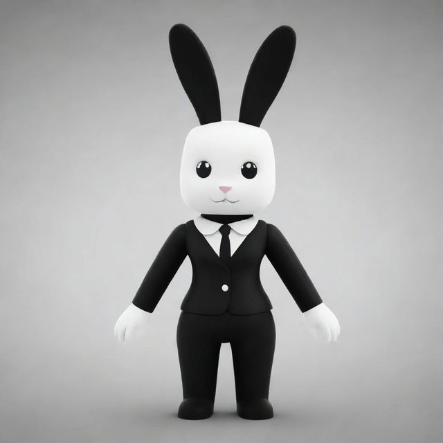 A small female Roblox character designed as a bunny with white arms and head, a black torso and legs. The character features a black collar and has tall, white ears.