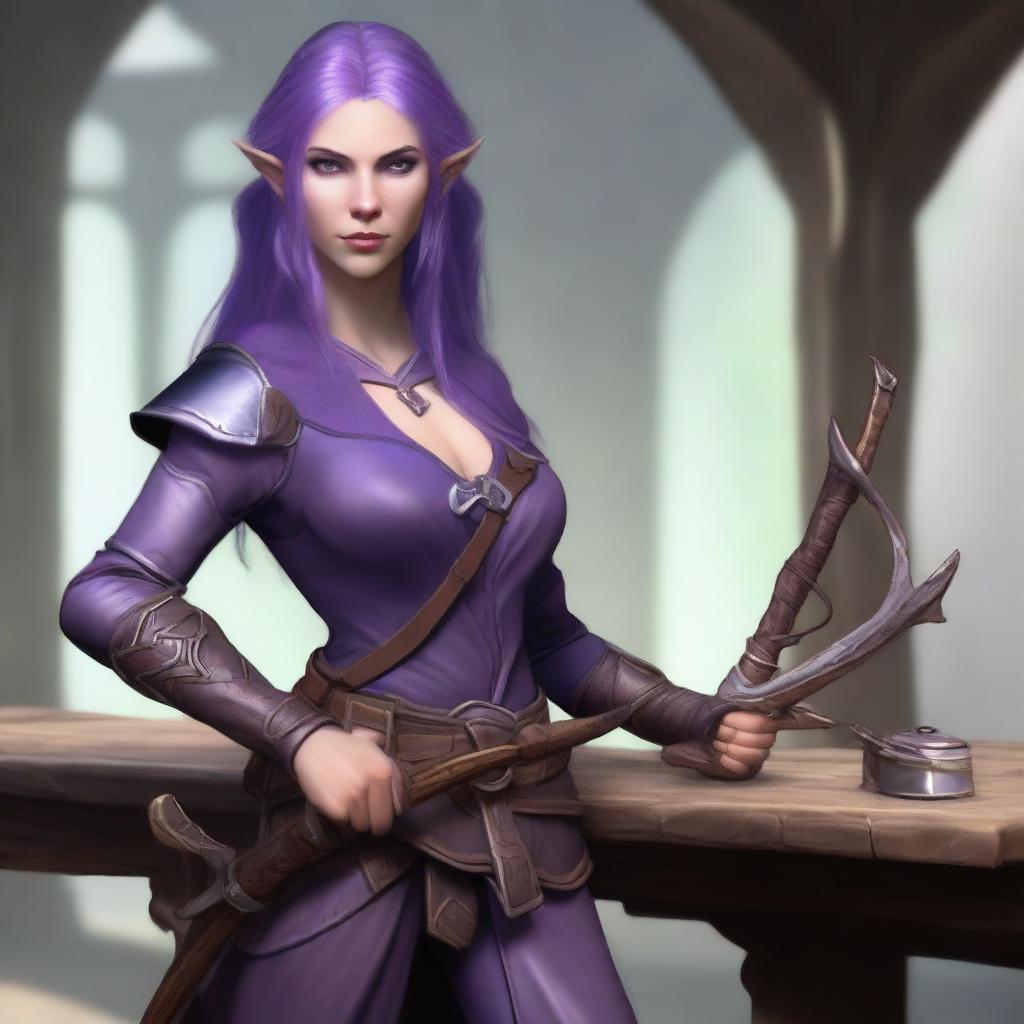 A 42-year-old female semi-elf ranger stands proudly on a tavern table