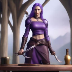 A 42-year-old female semi-elf ranger stands proudly on a tavern table