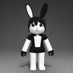 A small female Roblox character designed as a bunny with white arms and head, a black torso and legs. The character features a black collar and has tall, white ears.