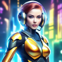 Create an image of a sci-fi chick with futuristic attire, advanced gadgets, and a high-tech background