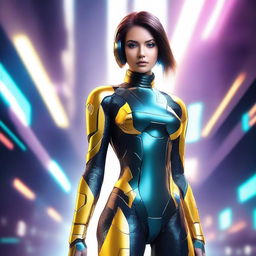 Create an image of a sci-fi chick with futuristic attire, advanced gadgets, and a high-tech background