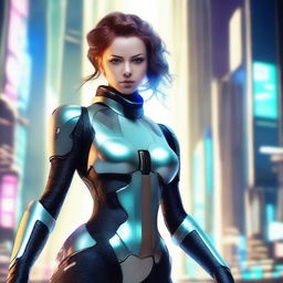 Create an image of a sci-fi chick with futuristic attire, advanced gadgets, and a high-tech background