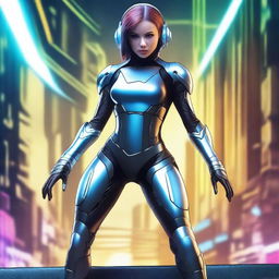 Create an image of a sci-fi chick with futuristic attire, advanced gadgets, and a high-tech background