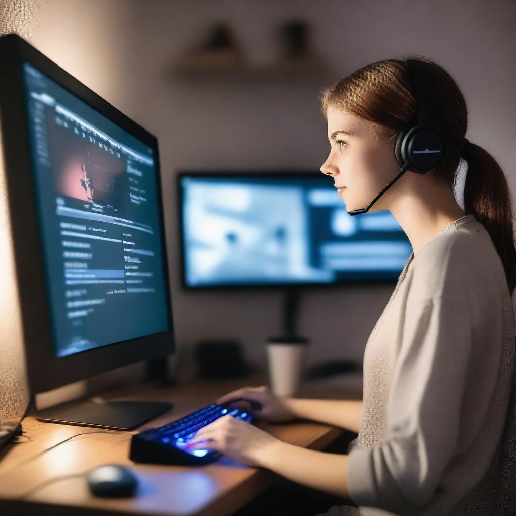 A 25-year-old woman is playing a video game on her PC