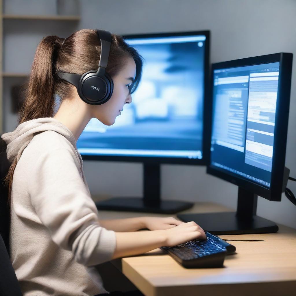 A 25-year-old woman is playing a video game on her PC