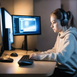 A 25-year-old woman is playing a video game on her PC