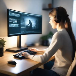 A 25-year-old woman is playing a video game on her PC