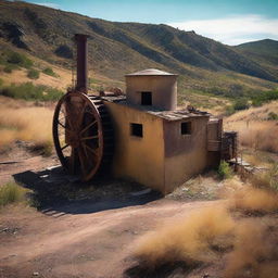 Create an image depicting an abandoned gold mine in Spain, surrounded by beautiful European landscapes