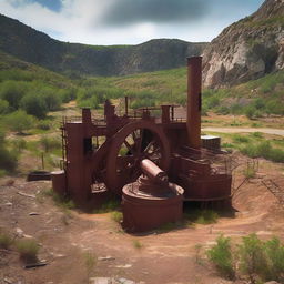 Create an image depicting an abandoned gold mine in Spain, surrounded by beautiful European landscapes